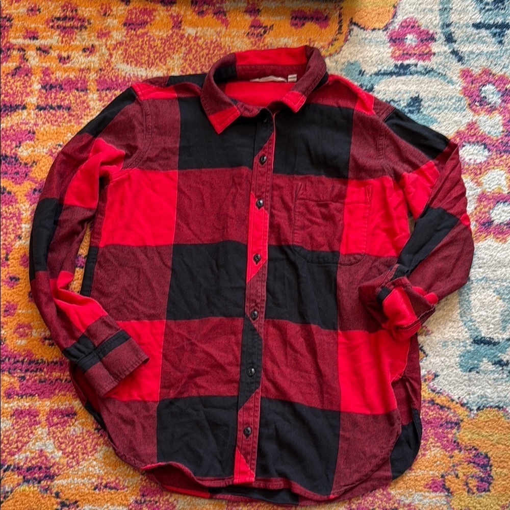 Athleta Red and Black Plaid Button Down Shirt